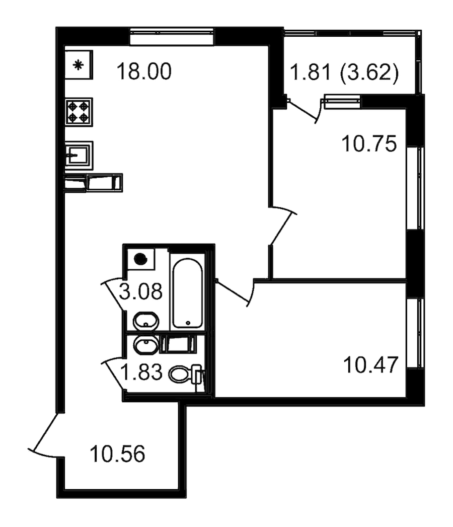 2-комнатная квартира 54.69 м², 14/14 эт., ЖК «Чёрная речка»